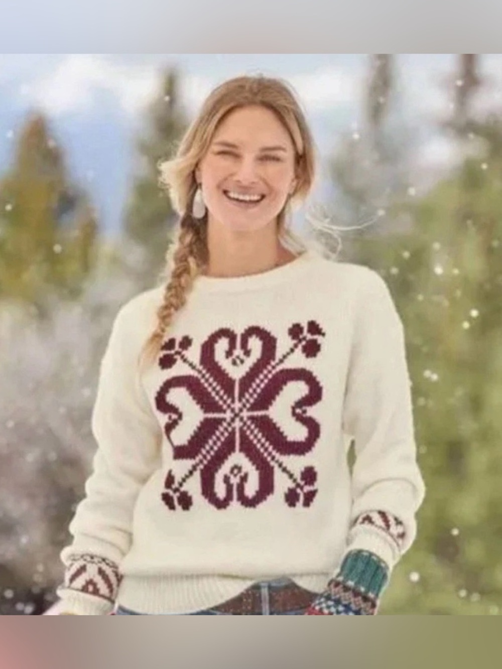 Sundance Cozy Cream Sweater with Maroon Nordic Heart Motif Size Small